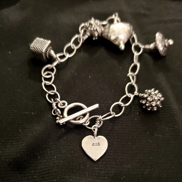 Sterling Silver Chain Link Bracelet with attached Charms - Picture 2 of 5
